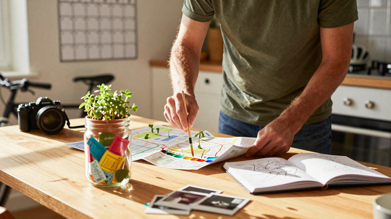 Persona pintando con acuarelas en una mesa con plantas, cámara y cuadernos en una cocina luminosa.