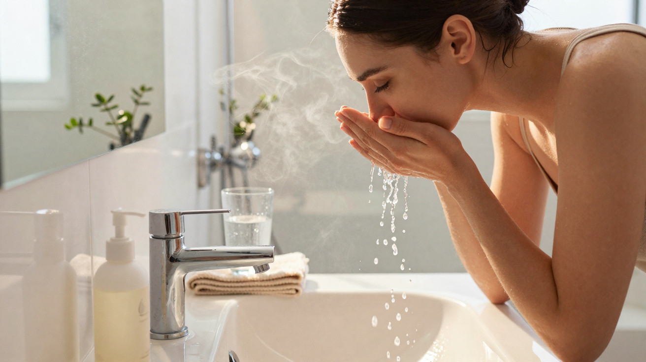 Mujer lavándose la cara con agua tibia en un lavabo de baño luminoso y limpio.