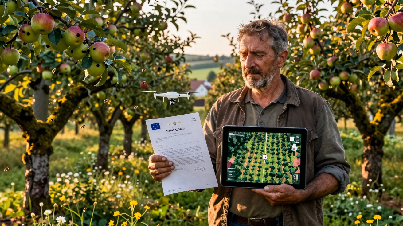Hombre en manzano con drones, papel y tablet mostrando imágenes aéreas del cultivo.