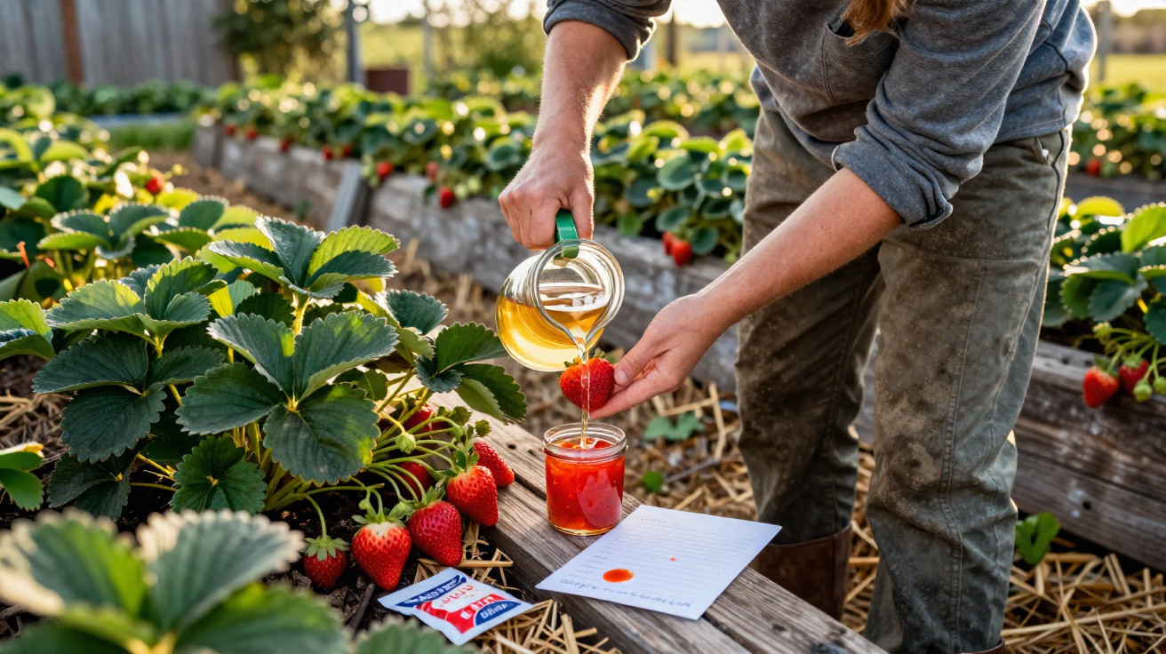 Persona vertiendo miel sobre una fresa en un campo de fresas cultivadas.