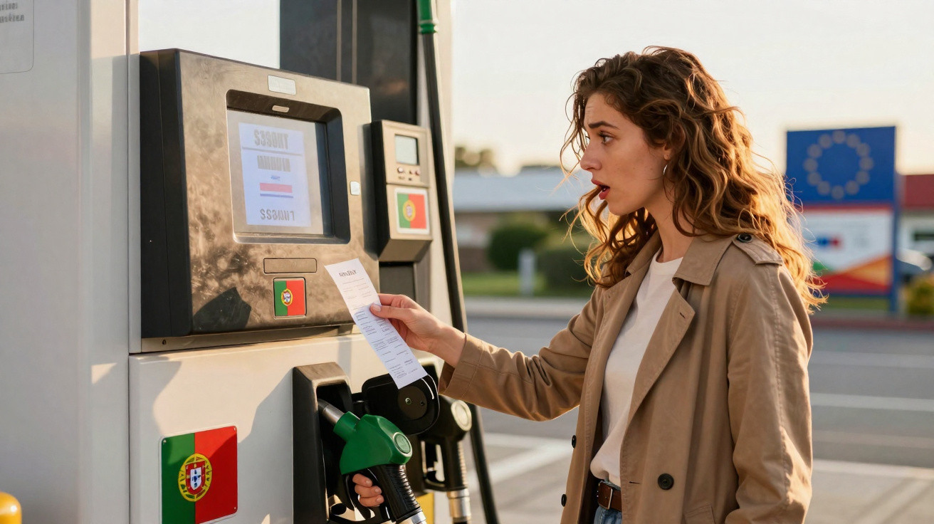 Mujer joven con abrigo beige leyendo recibo en gasolinera en Portugal al atardecer.