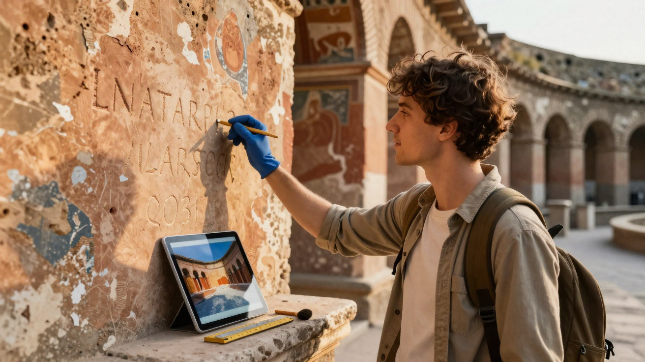 Joven conservador restaurando inscripciones en una pared antigua en un sitio arqueológico con tablet y herramientas.