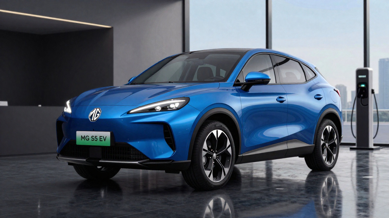 Vehículo eléctrico azul MG S5 EV estacionado junto a una estación de carga en un entorno moderno.
