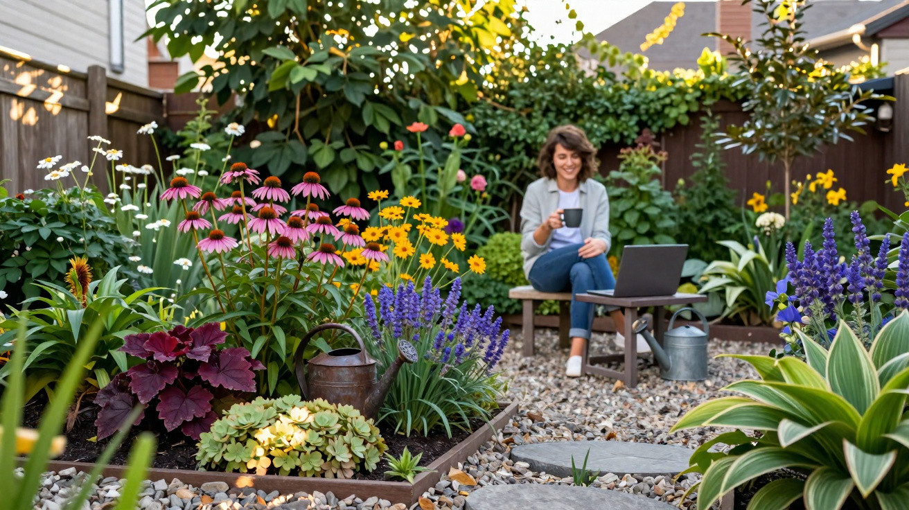 Mujer sentada en un jardín con flores coloridas, usando portátil y tomando café en un día soleado.