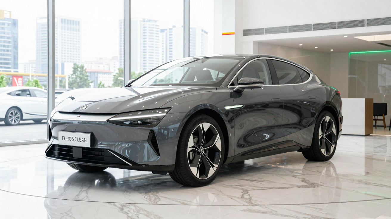Coche eléctrico gris oscuro expuesto en un concesionario moderno con grandes ventanales y suelo de mármol.