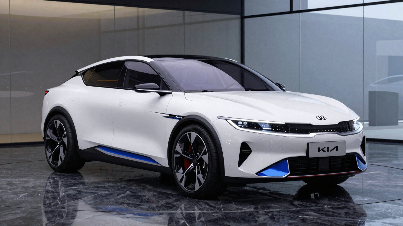Coche eléctrico blanco Kia EV6 aparcado en un espacio moderno con suelo de mármol y paredes de cristal.