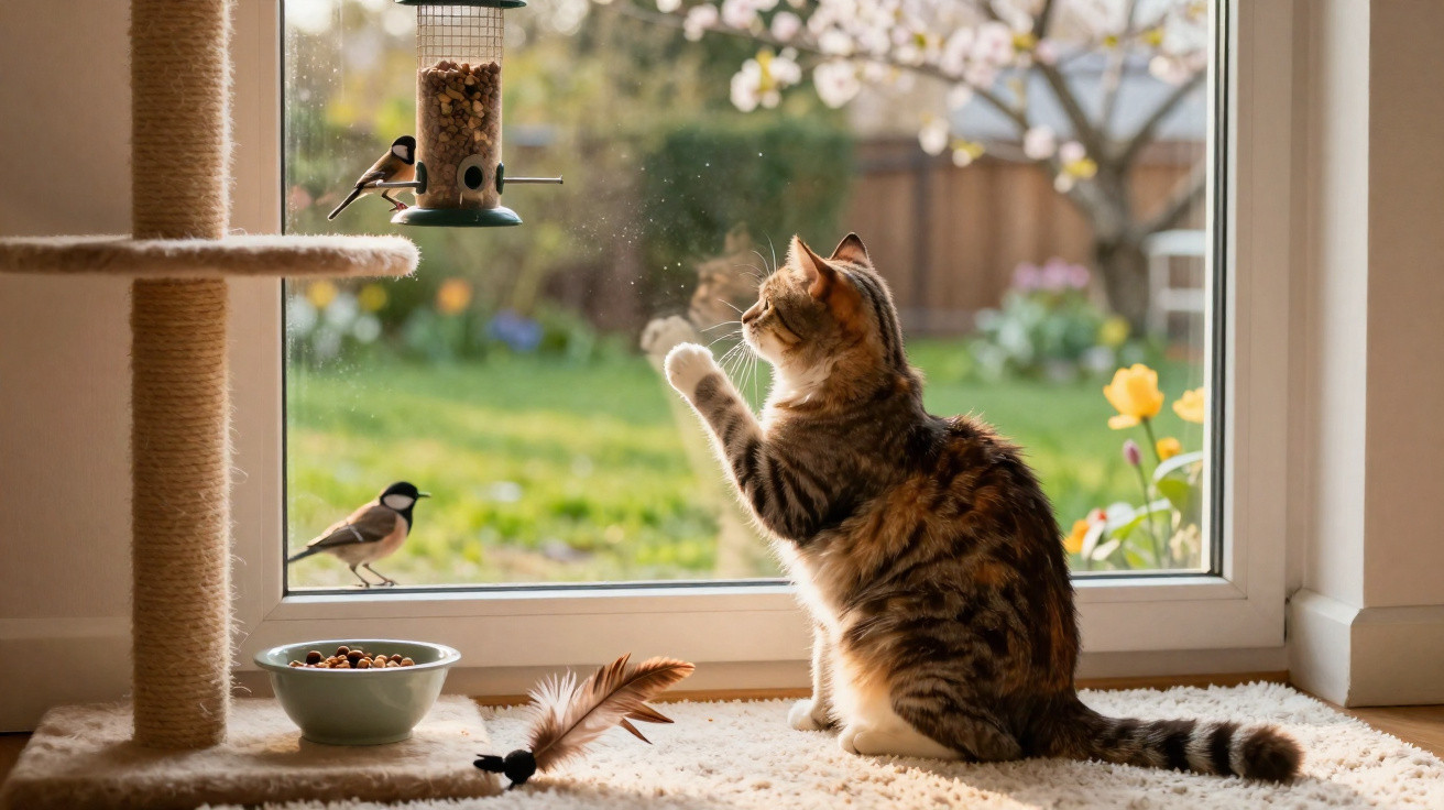 Gato mirando y tocando la ventana mientras dos pájaros comen en un comedero exterior.