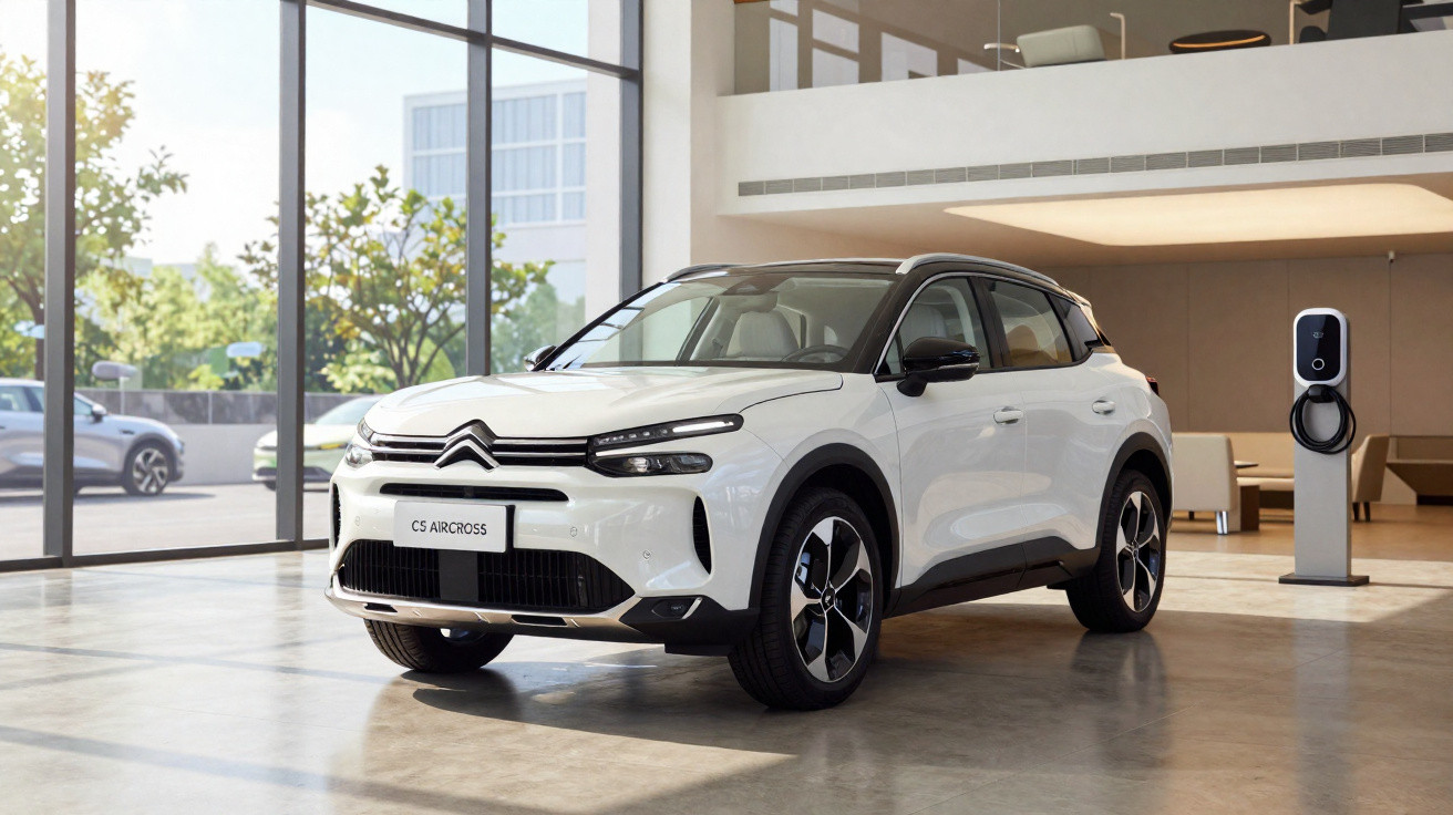 Coche eléctrico Citroën C5 Aircross blanco en showroom moderno con estación de carga visible.