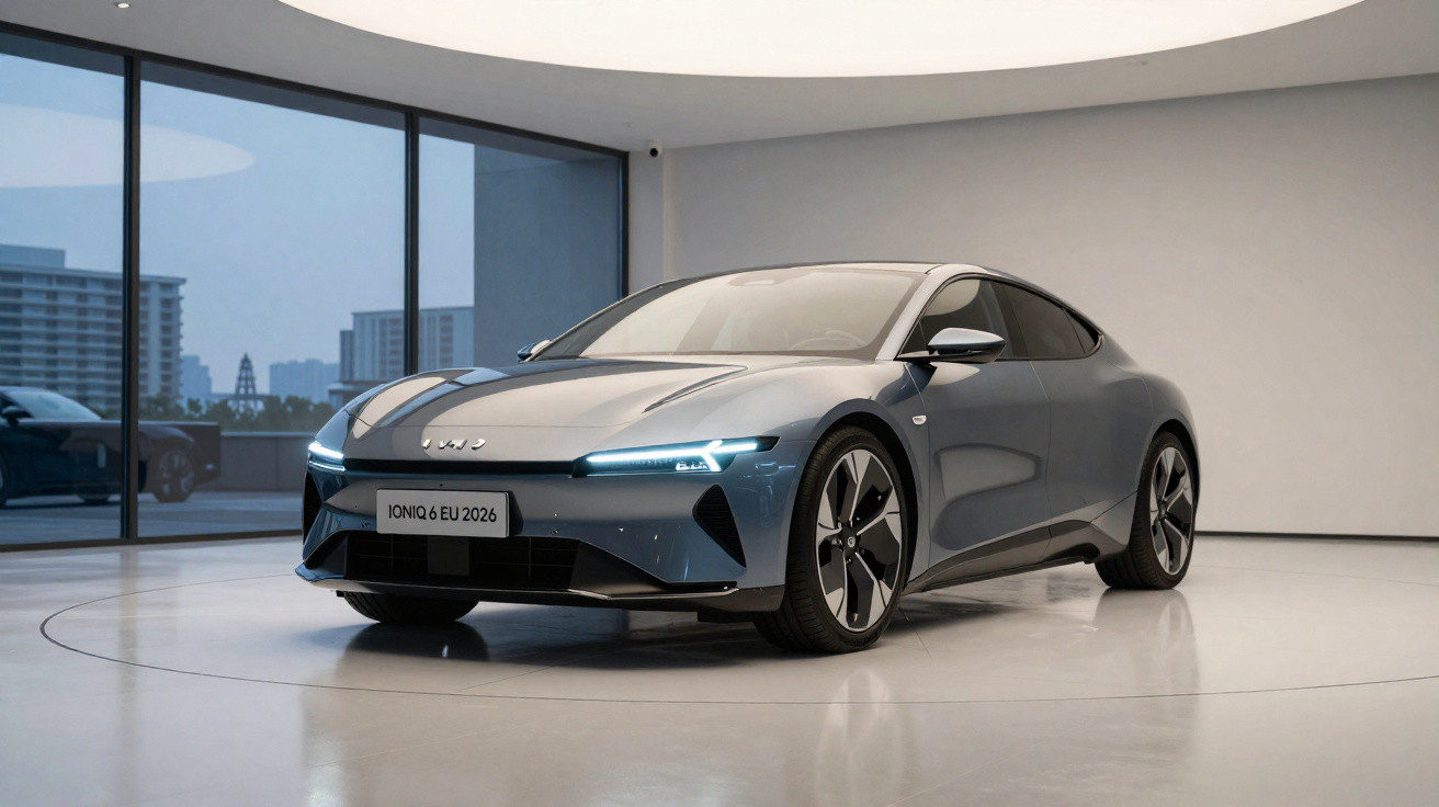 Coche eléctrico Ioniq 6 EU 2026 azul grisáceo en exposición interior con luz natural y fondo urbano.