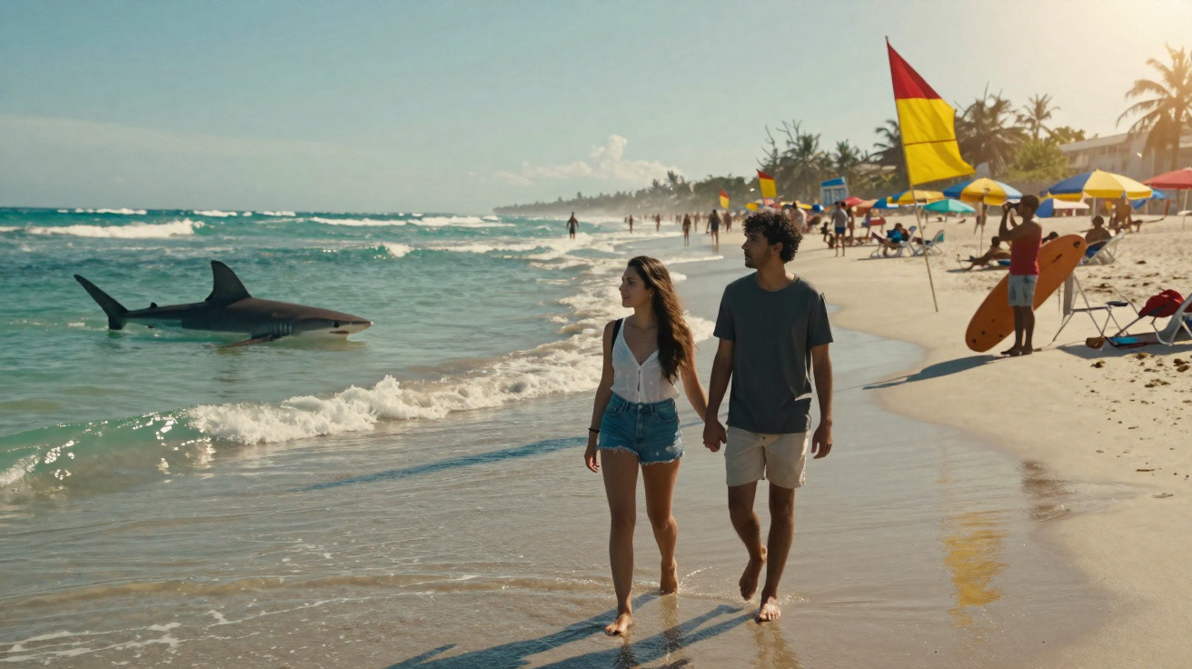 Pareja caminando por la playa mientras un tiburón nada cerca de la orilla en un día soleado.