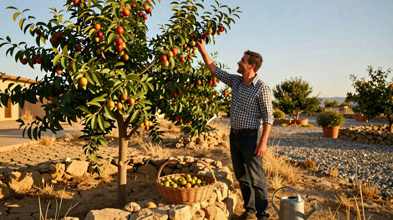 Hombre recogiendo frutos maduros de un árbol en un huerto al atardecer con cesta y regadera al suelo.