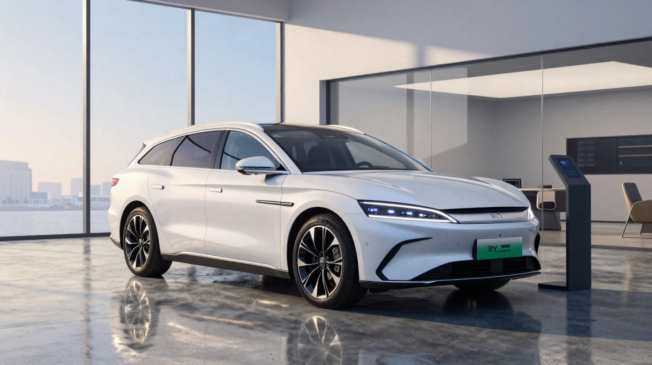 Coche eléctrico blanco estacionado en un espacio moderno con grandes ventanales y vistas a la ciudad.