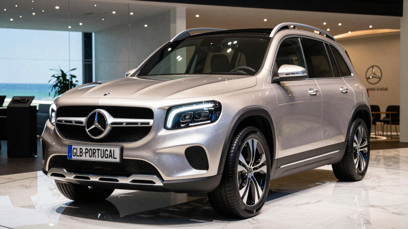 Mercedes-Benz SUV plateado aparcado en concesionario con matrícula GLB-Portugal.