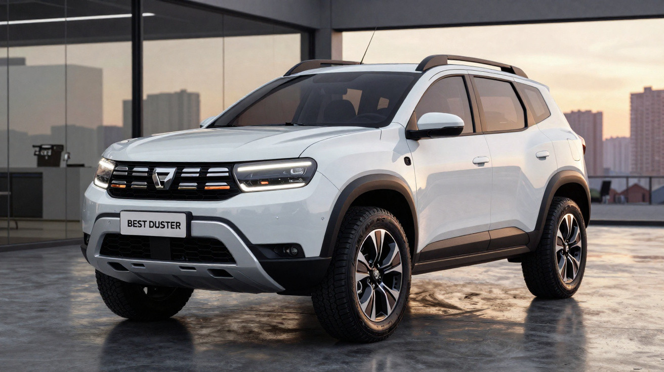 SUV blanco modelo Best Duster estacionado en superficie reflectante con edificios al fondo al atardecer.