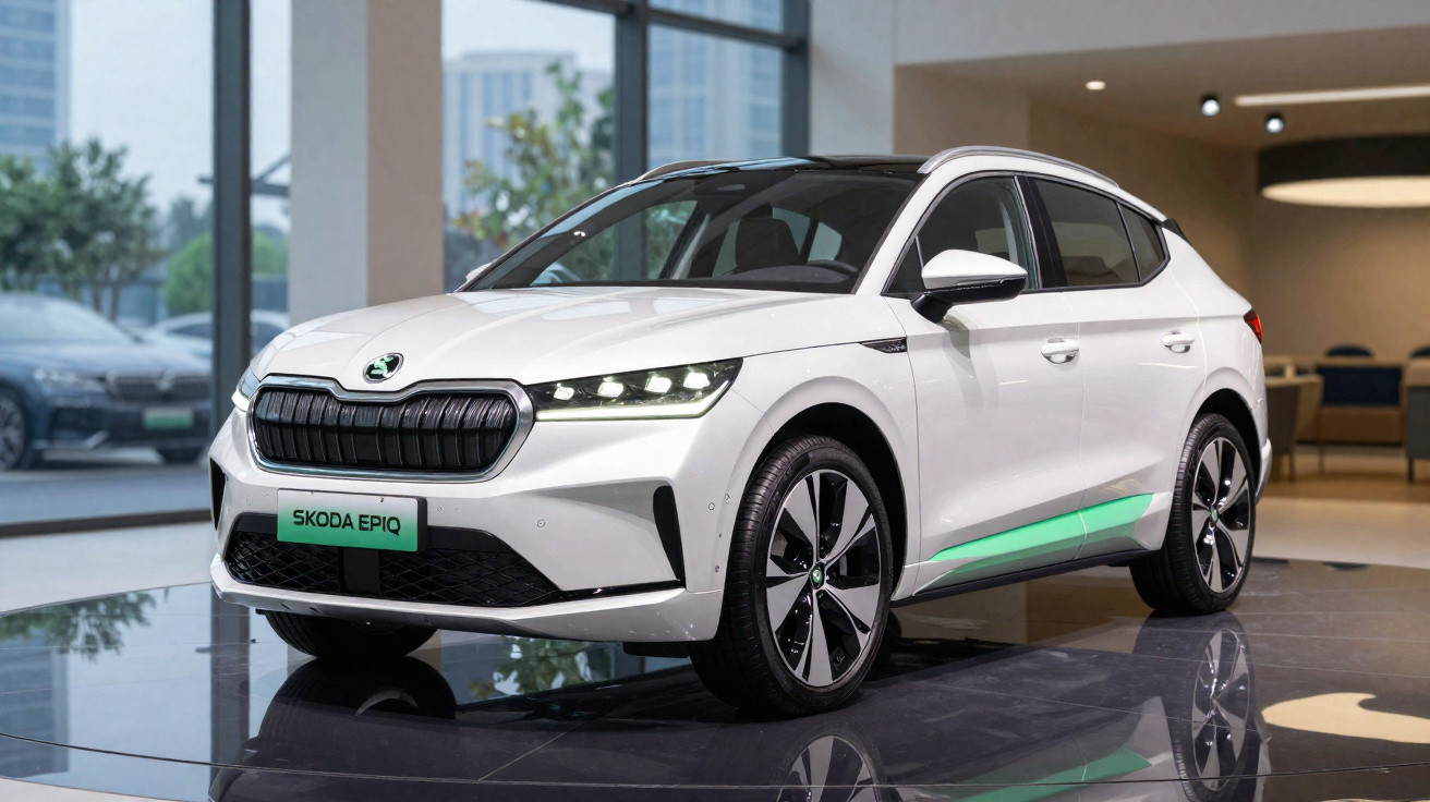 Coche eléctrico Škoda Epiq blanco en exhibición dentro de un concesionario moderno.
