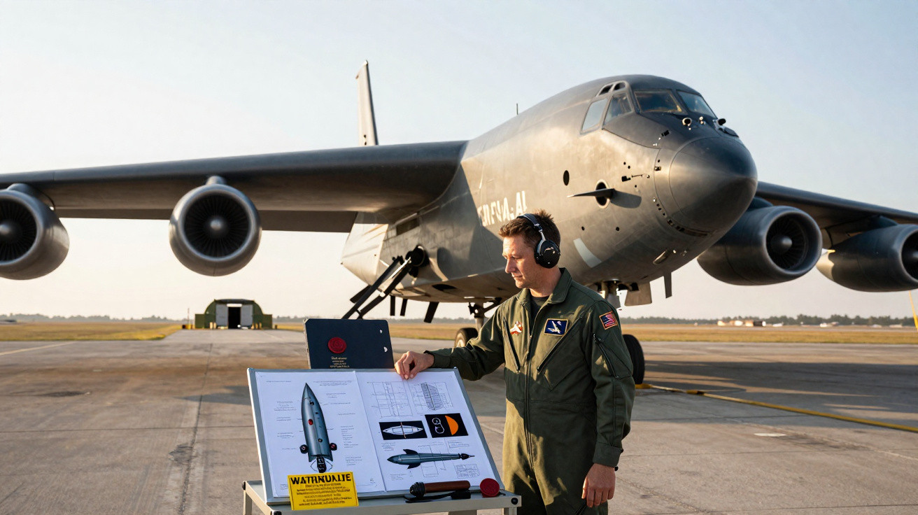 Militar junto a avión bombardero B-52 con diagrama de bomba en pista de despegue bajo luz diurna.