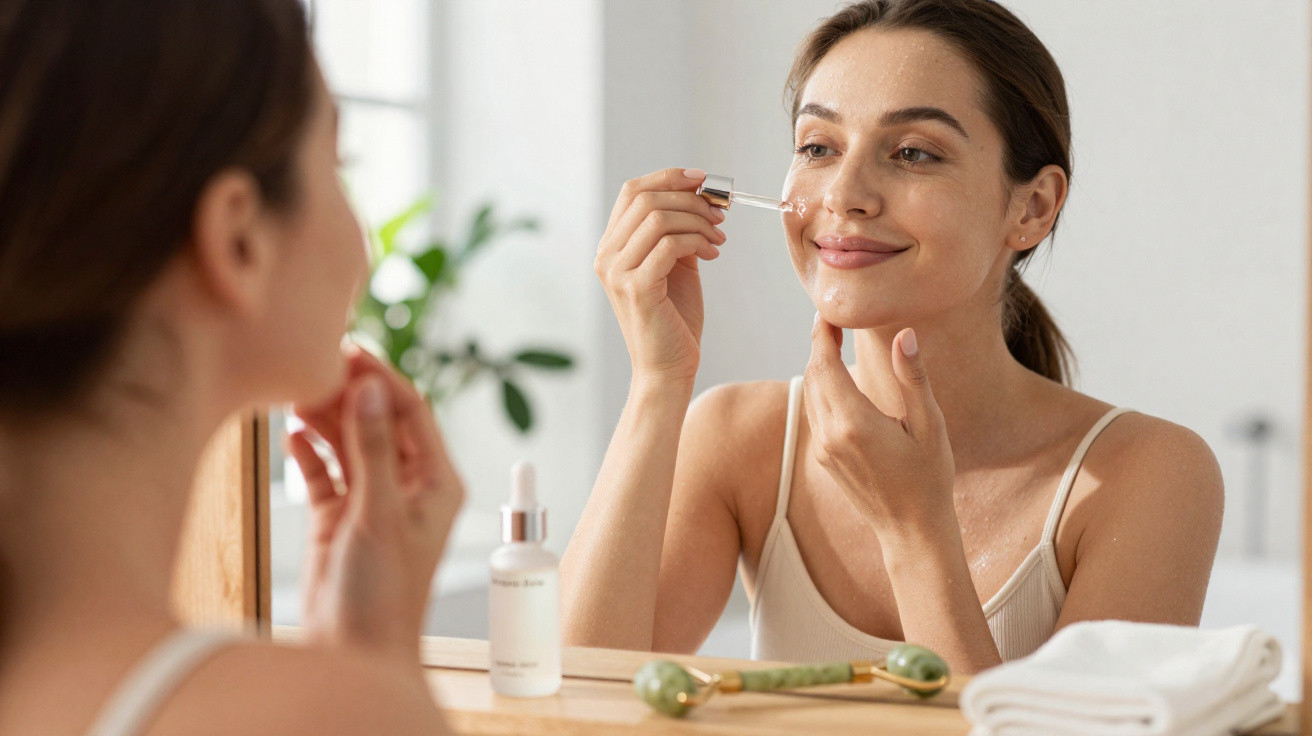 Mujer aplicando suero facial con gotero frente al espejo en un baño luminoso.