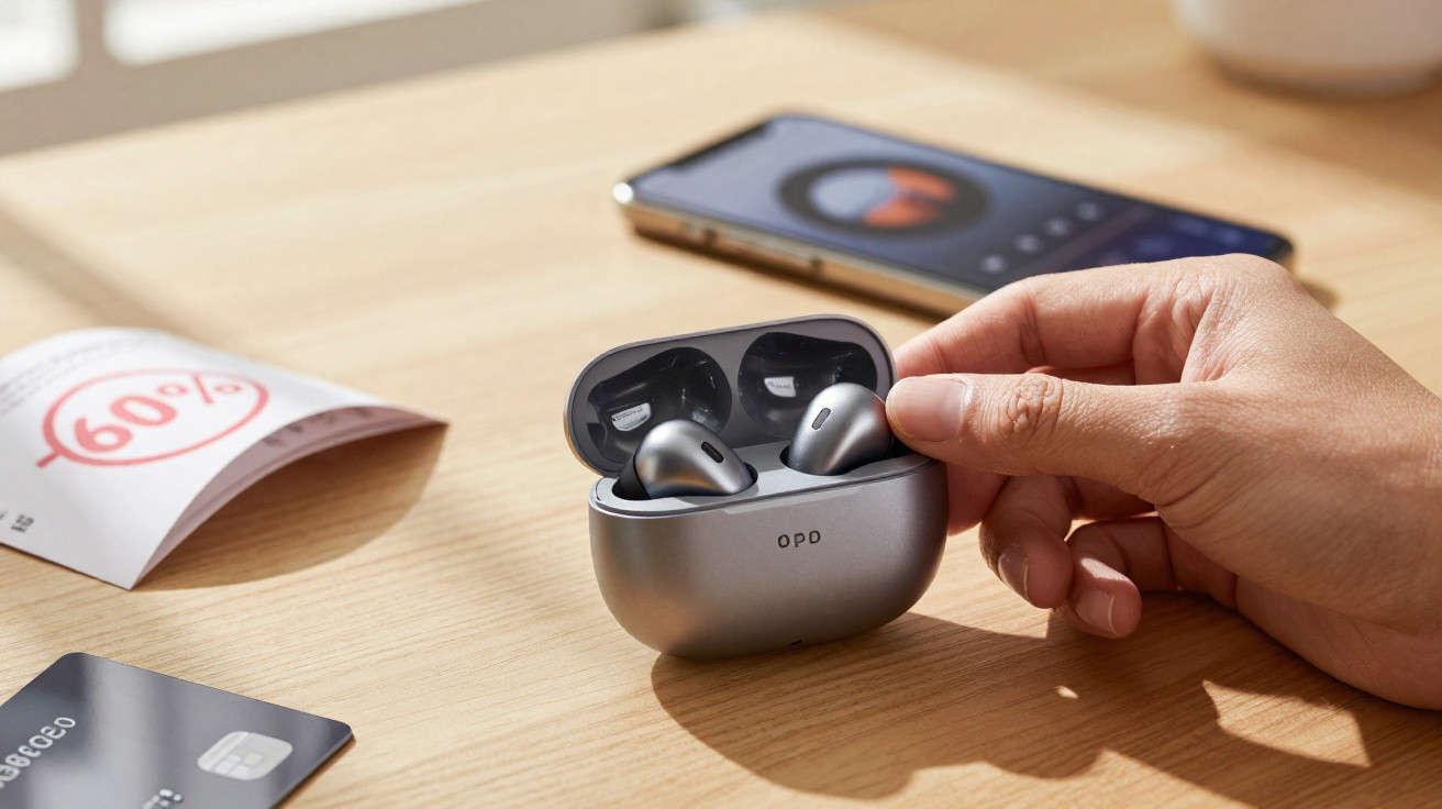 Mano sacando unos auriculares inalámbricos plateados de su estuche sobre una mesa con móvil y tarjeta.