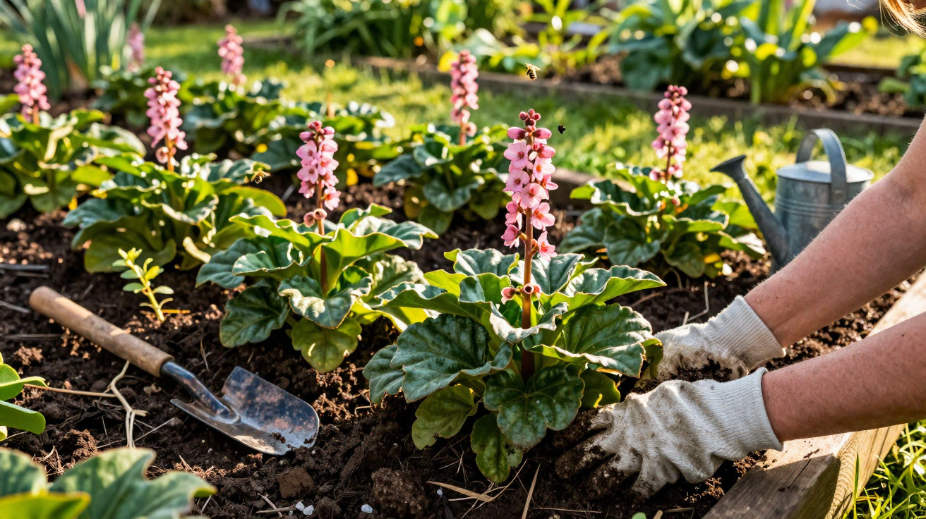 Manos con guantes plantando flores rosas en un jardín con pala y regadera al fondo.