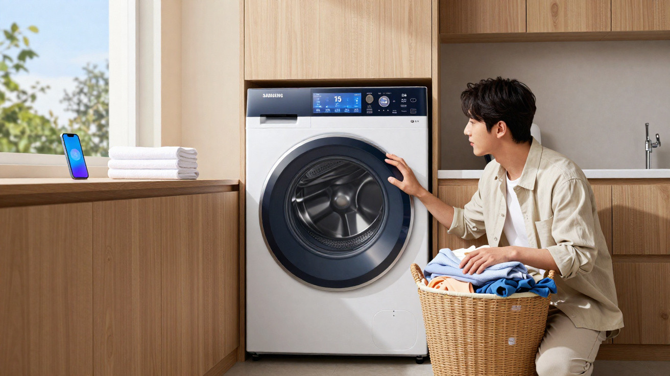 Hombre junto a una lavadora moderna en cocina con cesta de ropa y teléfono en encimera de madera.