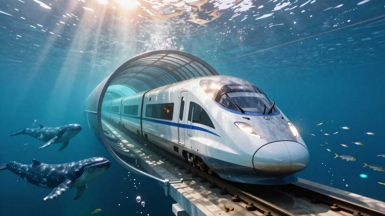 Tren de alta velocidad atravesando un túnel submarino rodeado de ballenas y peces bajo el mar.